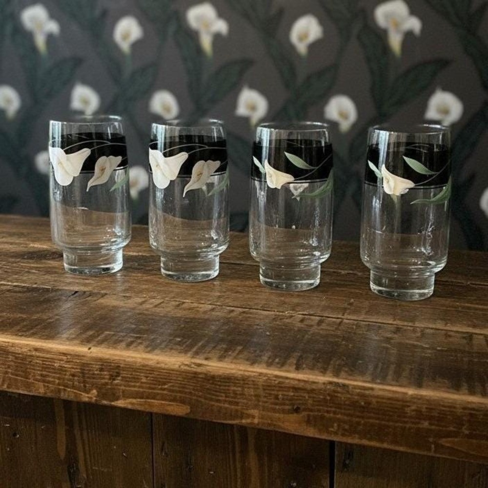 Sango Black Lillies Quadrille Tumblers, Set Of 4, Vintage Clear Floral Glasses